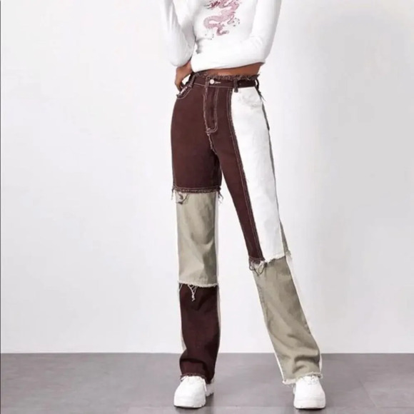 Shein Women's Brown High Waisted Patchwork Jeans Size XS - Picture 1 of 9